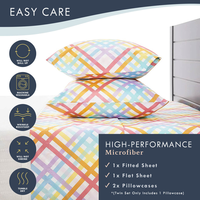Twin White Rainbow Gingham Microfiber Bed Sheet Set