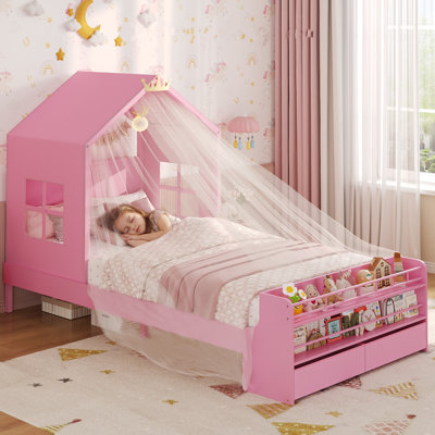 Structure de lit plateforme simple avec 2 tiroirs de rangement et des bibliothèques ouvertes pour la chambre à coucher, lit maison avec toit et fenêtre, lit pour tout-petit, économie d'espace, pas de sommier nécessaire, assemblage facile