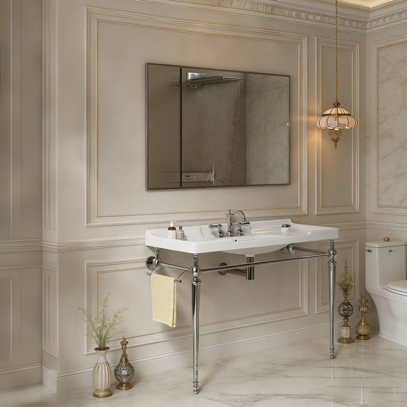 48" Retro Modern Ceramic Console Bathroom Vanity with Metal Stand, White, Silver, 48"