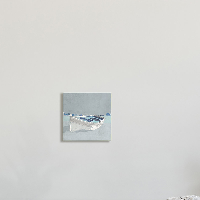 «Beached Row Boat», ville nautique bleue - peinture, H 12 po x l 12 po x P 0,5 po, Bois naturel