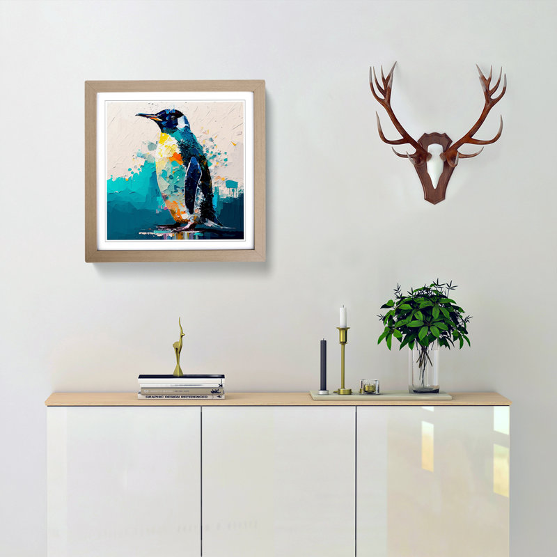 Penguin Palette Knife Painting - Framed Print, Oak