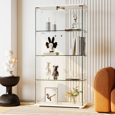 Contemporary Glass Display Cabinet 4Tier White Curio Showcase with Tempered Doors 13ColLED Lighting Motion DetectSecure Lock Storage fCollectibles Wine DécWhite