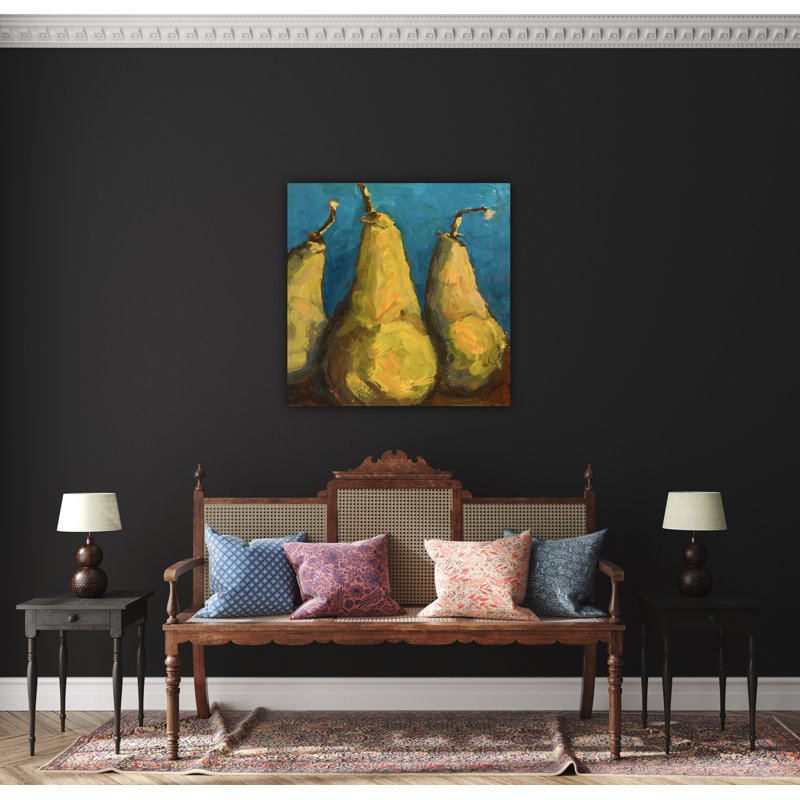 Poires avec sarcelle - reproduction d'art sur toile, Cadre flottant blanc, H 26 po x l 26 po x P 2 po