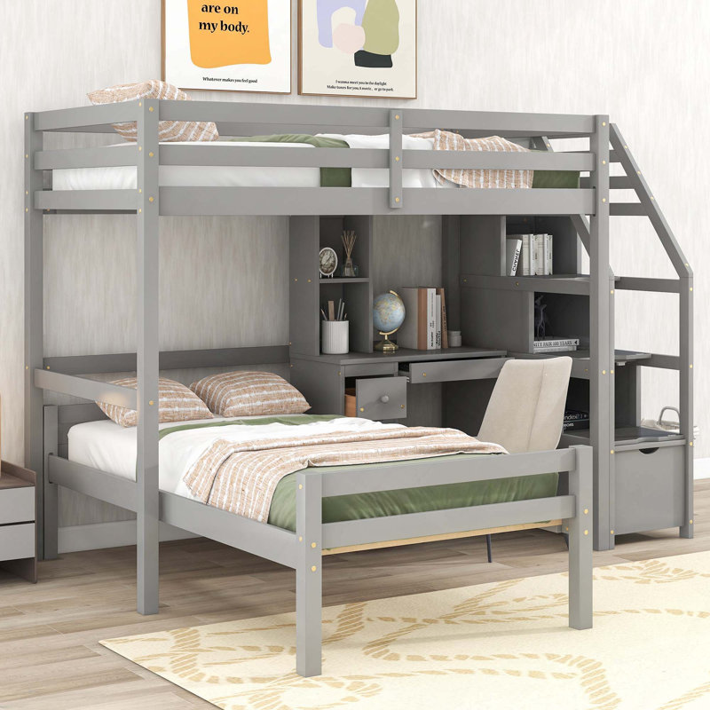 Lit mezzanine avec rangement pour escalier et tablettes de bureau, Grey