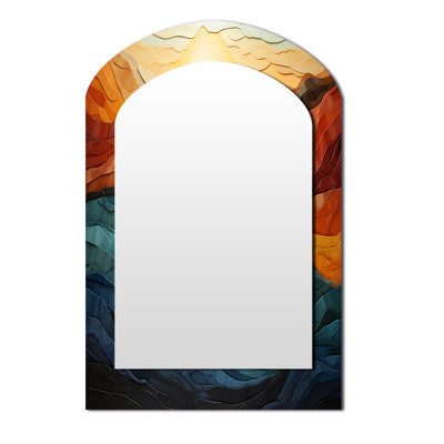 Coral Teal Bold Mountains Landscape - Mountains Asymmetrical Unique Wall Mirror, Traditional Arch Mirror, Printed Metal Art