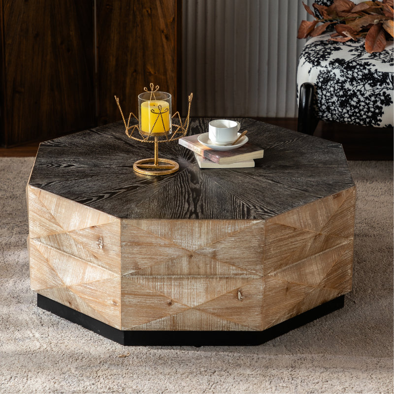Table basse 38 po en bois massif rétro, concave personnalisée, support stable, pour le salon et l'hôtel Hexagonal géométrique 35,73 po de largeur, design élégant, facile à nettoyer, bureau à domicile
