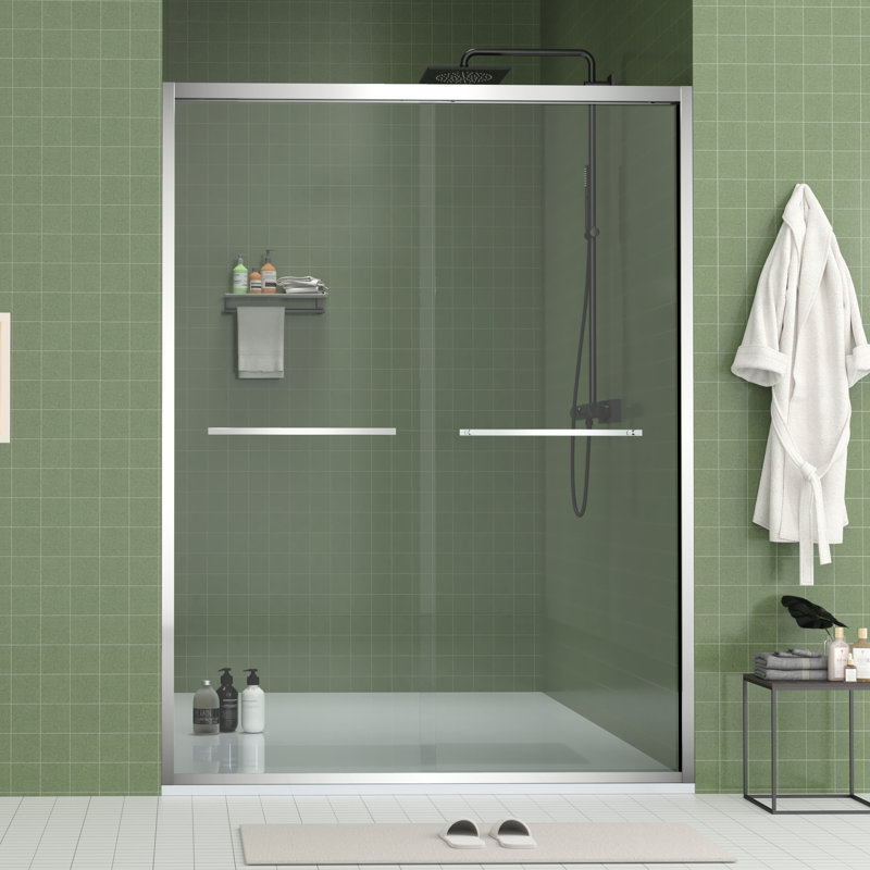 60" Wide And 70" High Aluminum Frame Bypass Bathroom Sliding Door With Double Handle As Towel Rail, - Crash Angle, Mute Rollers, Easy To Install 56 Adjustable Width 8Mm & Tempered Glass, Stainless