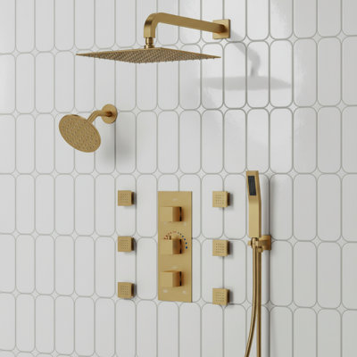 Thermostatic Dual Showerheads System, Wall Mount 12" High-Pressure Rainfall Shower Faucet with Handheld Spray and Body Jet