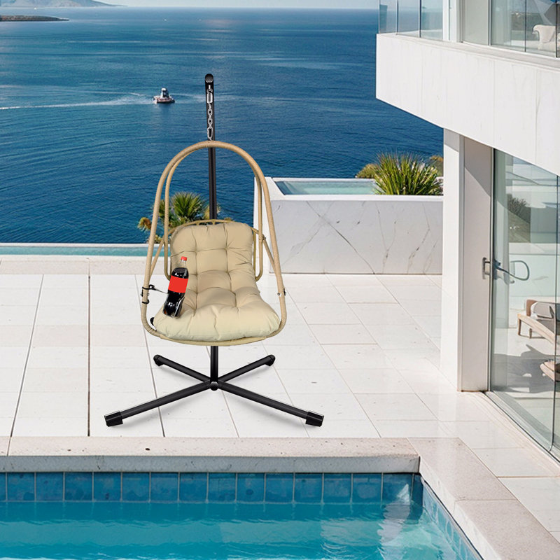 Fauteuil pivotant intérieur et extérieur, chaise suspendue en osier de rotin avec support de type C, avec coussin et coussin, pliable