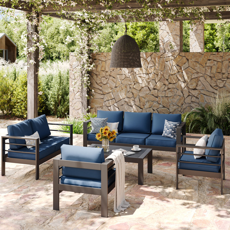 Braecona 7-Person Outdoor Seating Set With Cushions, Dark Gray Frame/Blue Cushion