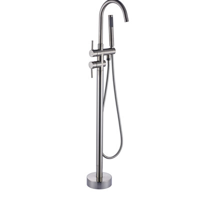 Robinet de baignoire avec douche à main, fixation au sol, robinets à 1 trou, robinet de baignoire à poignée simple en nickel brossé, incurvé