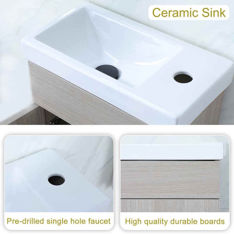 16'' Mini Free-Standing Single Bathroom Vanity With Ceramic Top, Oak