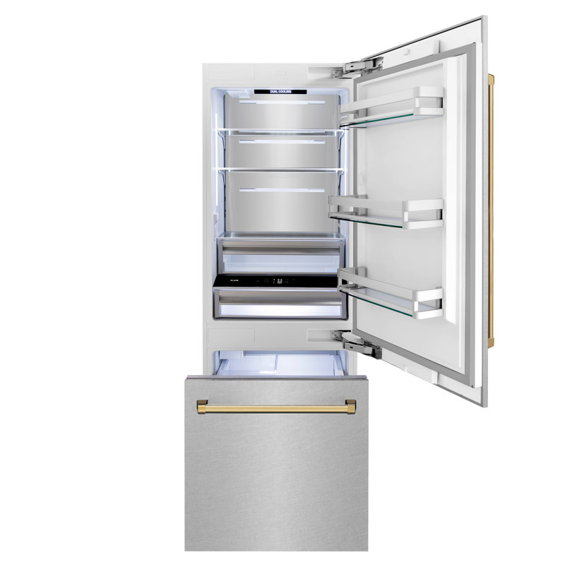 ZLINE 30 Autograph Edition 16.1 cu. ft. Built-in 2-Door Bottom Freezer Refrigerator with Accent, Gold, Satin Stainless Steel