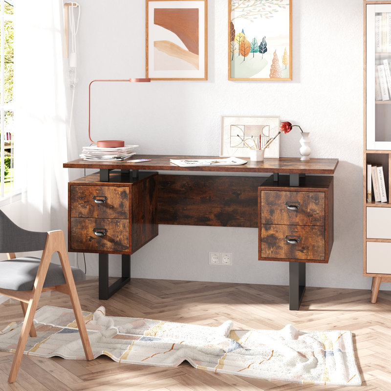 Home Office Computer Desk With Drawers/59 Inch Writing Study Table With Drawers, Rustic Brown