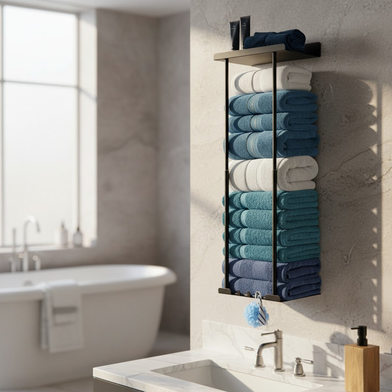 Porte-serviettes noir pour décoration de salle de bain, organisateur de rangement de serviettes roulé