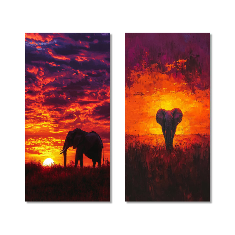 Éléphant d'Afrique au coucher du soleil I - Animal, impression murale en métal 2 pièces, H 32 po x l 32 po