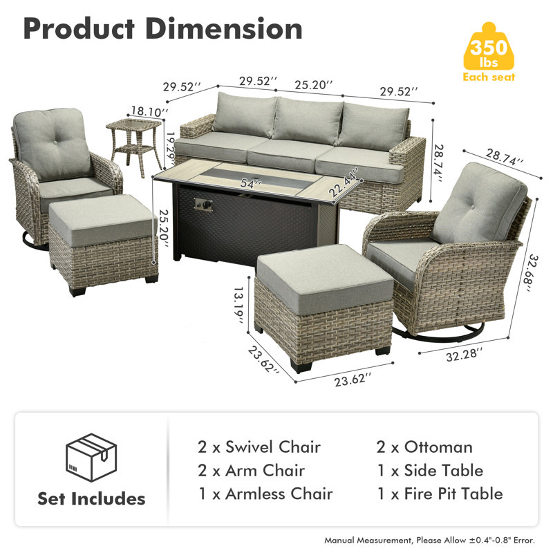 Ensemble de conversation pour 7 personnes avec coussins et foyer extérieur, Gris foncé