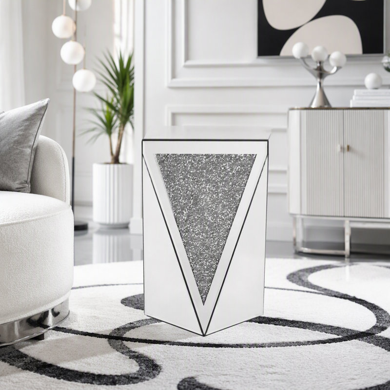 Table carrée à miroir triangulaire inversé avec incrustation de diamants en cristal, H 23,6 po x l 13,8 po x P 13,8 po