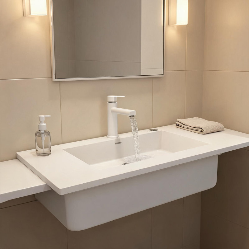 Lavabo de salle de bain en résine de pierre à surface solide blanc mat de 99 cm (39 pouces) avec design ergonomique, Noir mat