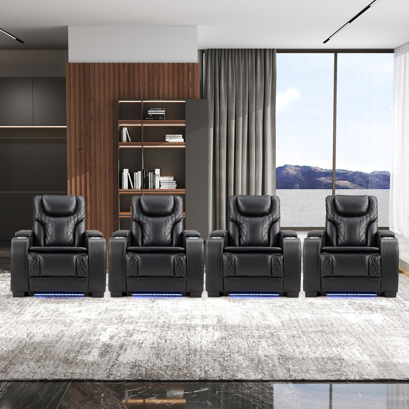 Chaise inclinable de 37 po de style cinéma en similicuir avec éclairage à DEL, porte-gobelets et appui-tête réglable (ensemble de 4)