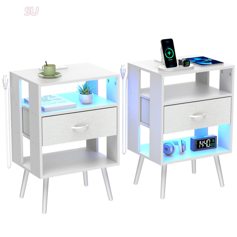 2 Pack Modern Nightstand With Charging Station, Bedside Tables With LED Light And Fabric Drawers For Enhanced Convenience