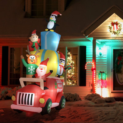 Décorations de Noël gonflables pour l'extérieur 9 pi Le père Noël conduit une voiture-cadeau avec un wapiti, un elf et deux pingouins, un décor de Noël gonflable pour jardin, pelouse