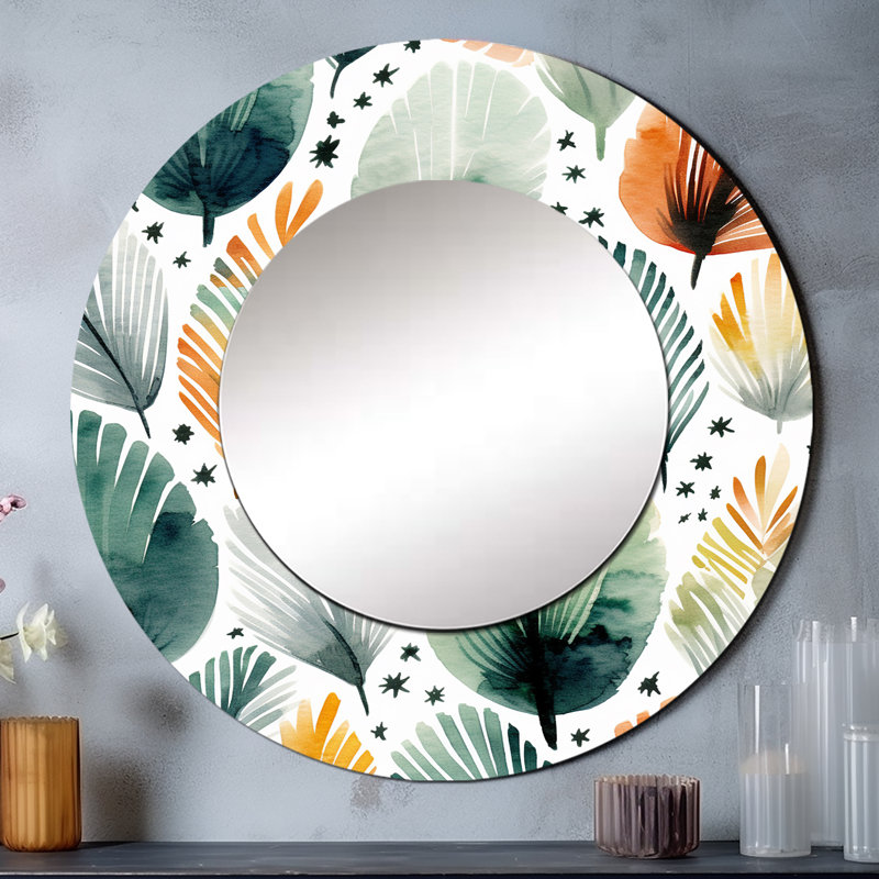 Élégance florale sarcelle orange scandinave - miroir abstrait, miroir mural rond sarcelle, impression sur métal