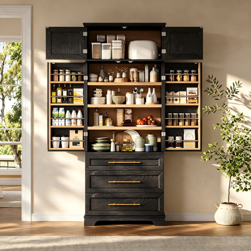 Très grand garde-manger de style campagne moderne 78 po avec 3 grands tiroirs et 8 tablettes de porte, Ash Black