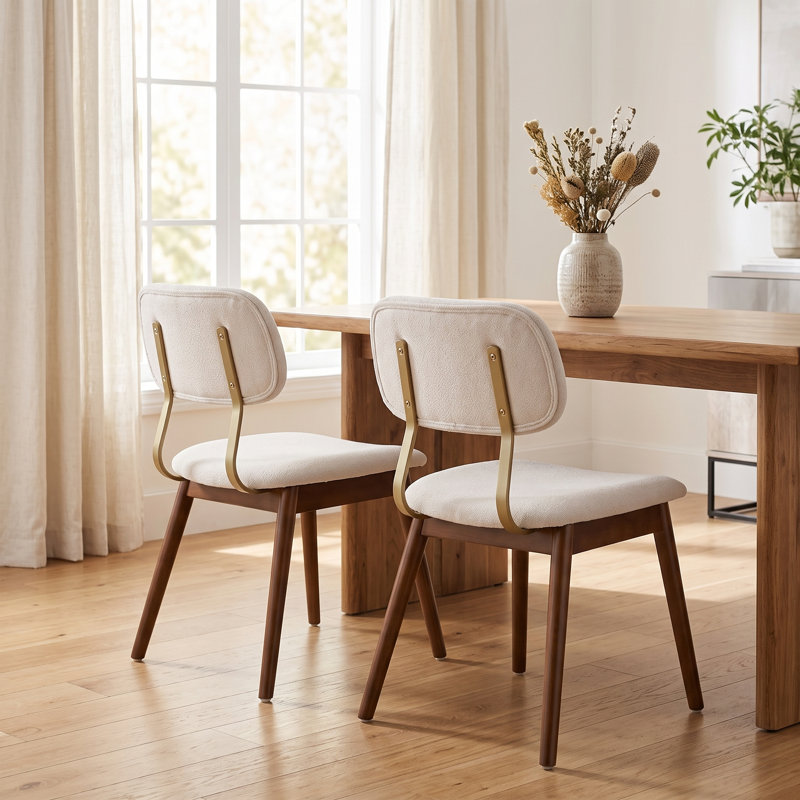 Ensemble de 2 chaises de salle à manger de style moderne du milieu du siècle, chaises d'appoint de cuisine rembourrées en tissu avec pieds en bois massif et dossier incurvé ergonomique, beige