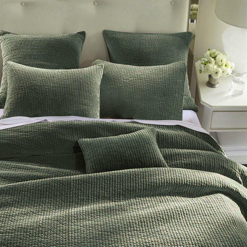 Stonewashed Cotton Velvet Modern Rustic Quilt Set, Fern Green, King Quilt + 2 King Shams