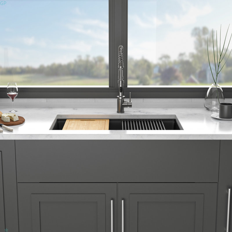 Évier de cuisine en quartz - Évier de cuisine encastré en granite noir 30 x 19 po