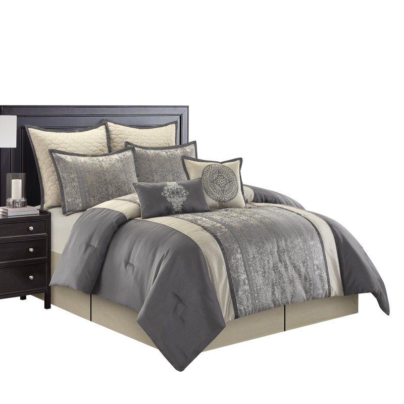 Arabesque 8 Piece Traditional Comforter Set, King Comforter + 7 Additional Pieces, Silver/Ivory