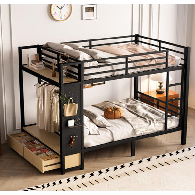 Lit superposé en métal pour adolescents avec tablettes de rangement, tiroirs et panneau perforé, noir