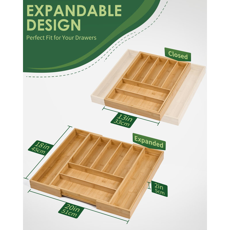 Natural Bamboo Adjustable Expandable Kitchen Drawer Organizer