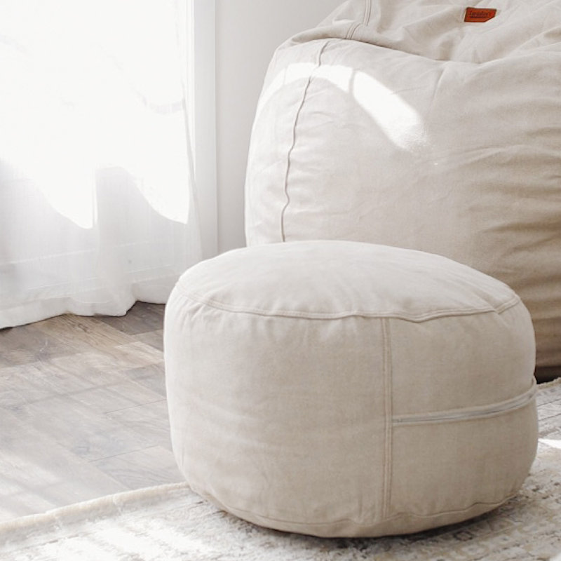 Upholstered Pouf, Ivory Faux Leather