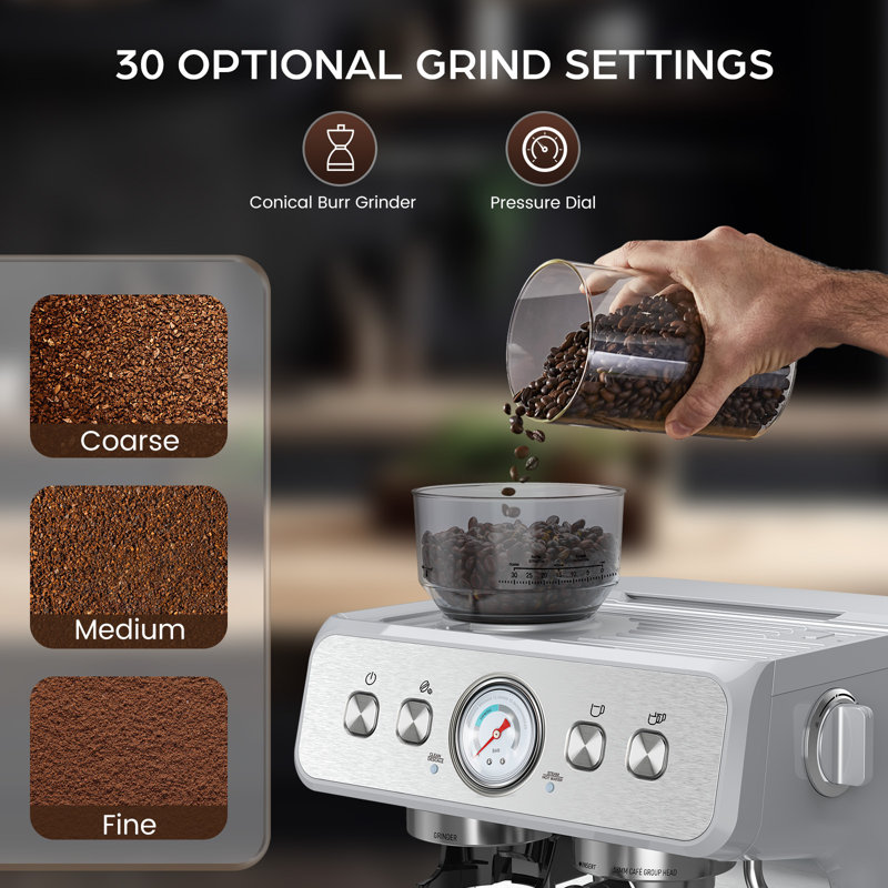 R.W.Flame Espresso Machine With Grinder,team Wand, Milk Cup&Self-cleaning Function For Home Barista