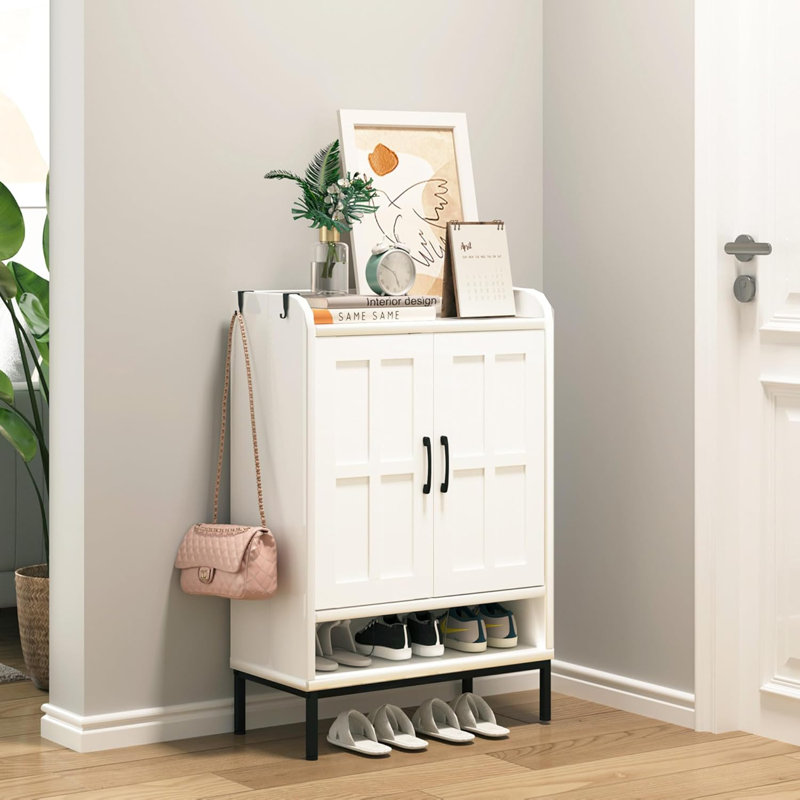 41.5 Inch Tall Shoe Cabinet, Shoe Rack Organizer, Shoe Storage Cabinet With Doors,3 Adjustable Partitions And Metal Legs, For Entrance, Front Door, Aisle