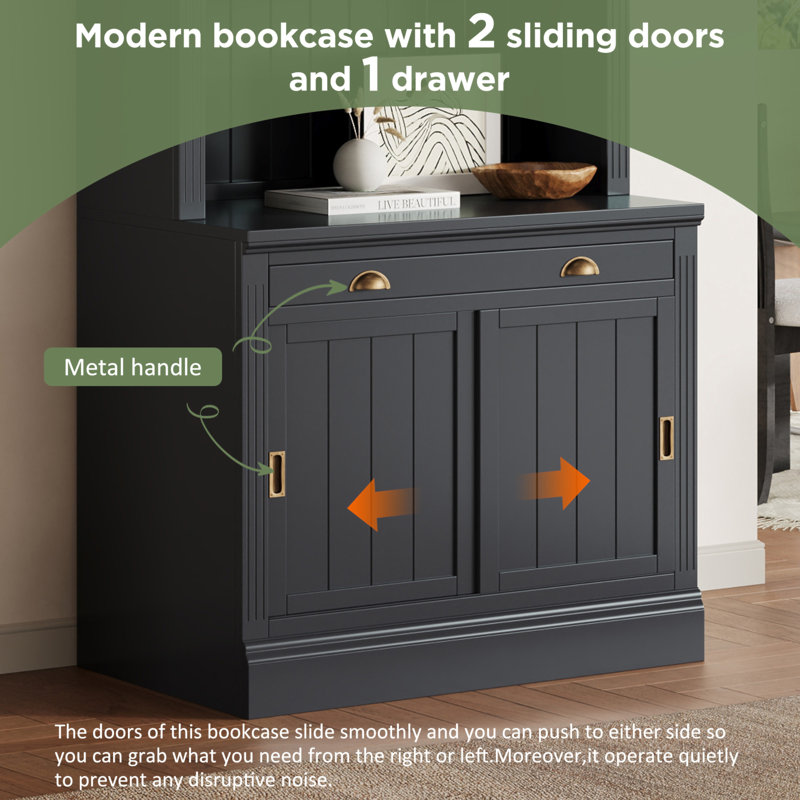 83.4"Tall Bookshelf Suite with LED Lighting, Modern Bookcase Suite with Sliding Doors,Drawers and Open Shelves,Storage Bookshelf for Living Room,Home Office