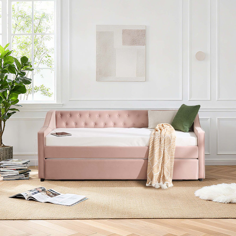 Velvet Twin Daybed On Rolling Casters With Charging Station, Modern Convertible Couch With Tufted Accents For Living Room And Guest Room