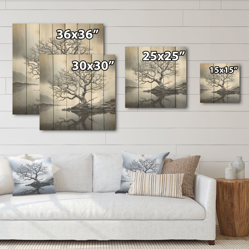 «Stormy Grays Tree Emotion», art en bois monochrome sur bois de pin naturel, H 30 po x l 30 po