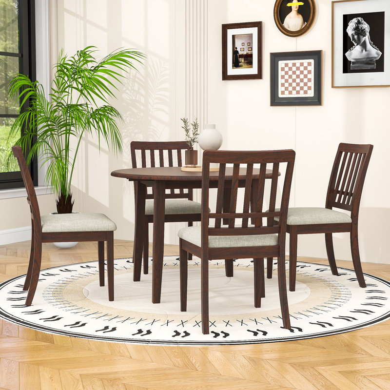 Ensemble de salle à manger 5 pièces à abattants avec table pliante en bois et 4 chaises rembourrées à dossier en lattes, Brun