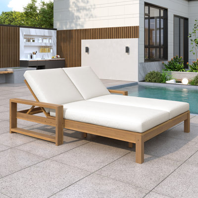 Outdoor Double Chaise Lounge, 5-Position Adjustable Backrest, Solid Wood, Dual Independent Cushions, Contemporary, Poolside, Patio Relaxation