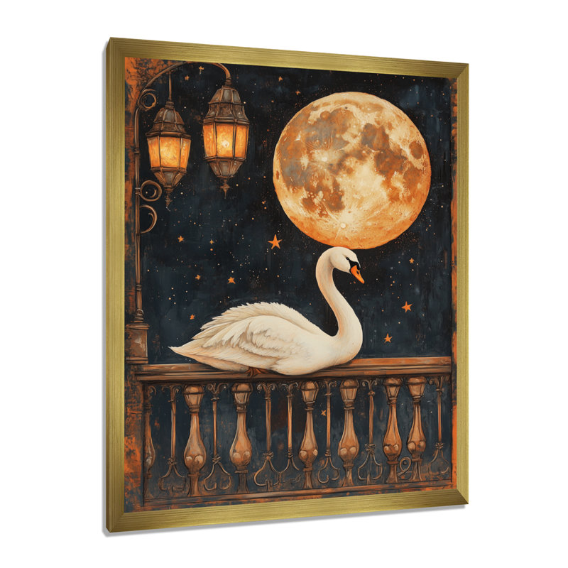 Balcon de la Lune Ambrée - Décoration murale encadrée sur toile Cygne, H 40 po x l 30 po, Encadrement doré