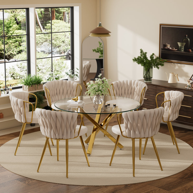 47in Glass Top Pedestal Dining Set, Beige, 7 Pieces: Table, 6 Chairs, Gold