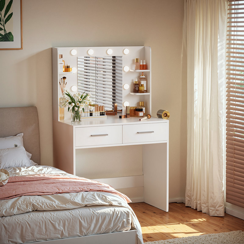 Coiffeuse de maquillage, lumières réglables, prise de courant et miroir, Blanc, Non