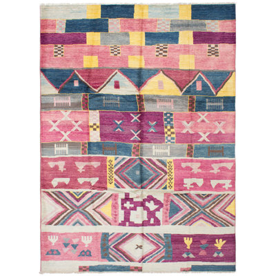 Tapis unique rose / bleu / jaune en laine noué à la main de style années 2010 de 9 pi 2 po x 12 pi 6 po Areez