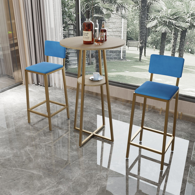 Bar Table And Chairs Three Piece Set, Gold Frame, Bar Table With Storage Function, Blue