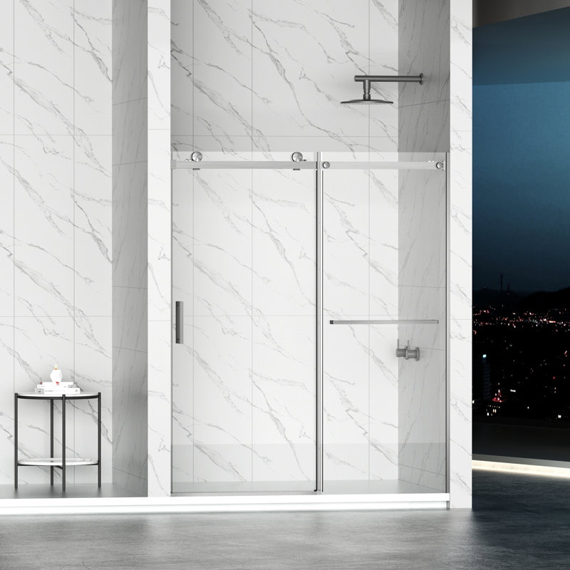 Porte de douche coulissante sans cadre l 56 à 60 po x H 72 po, porte de douche en verre imperméable avec système de fermeture en douceur supérieure, verre trempé de 5/16 po (8 mm), couche facile à nettoyer double face, nickel brossé