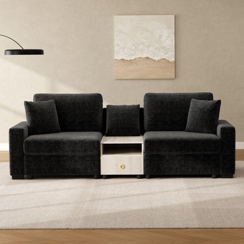 Canapé modulaire en chenille 95,7 po avec accoudoirs de rangement et console centrale pour le salon, Black Chenille