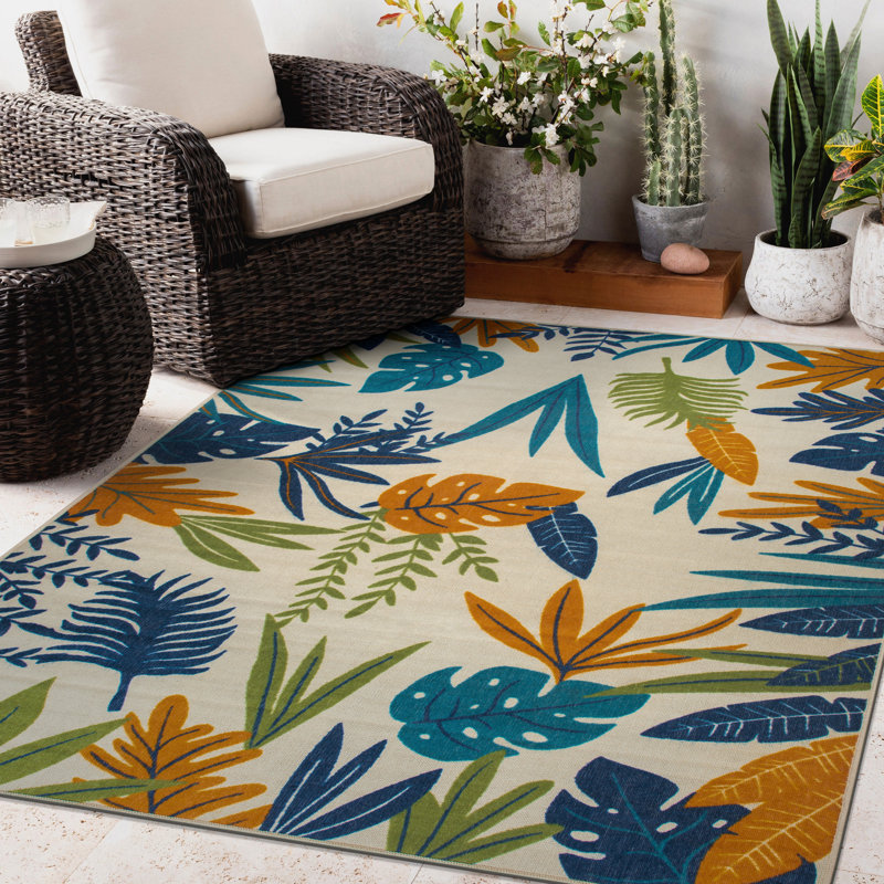 Brook Floral, Blue/Green/Orange, Indoor/Outdoor Area Rug, Rectangle 5' x 7'